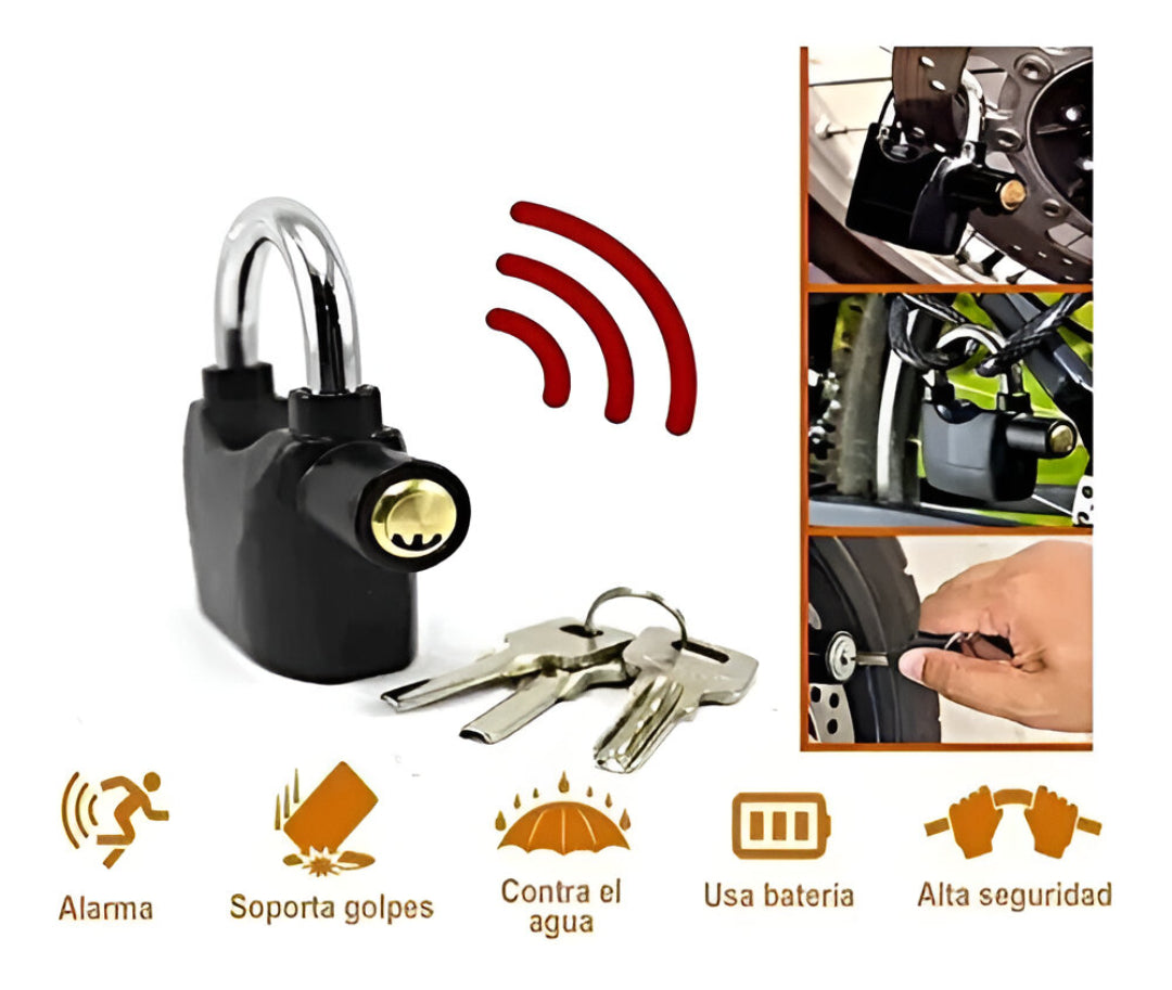 Candado de Seguridad con Alarma 110 dB para Moto, Bicicleta y Portones + 3 Llaves